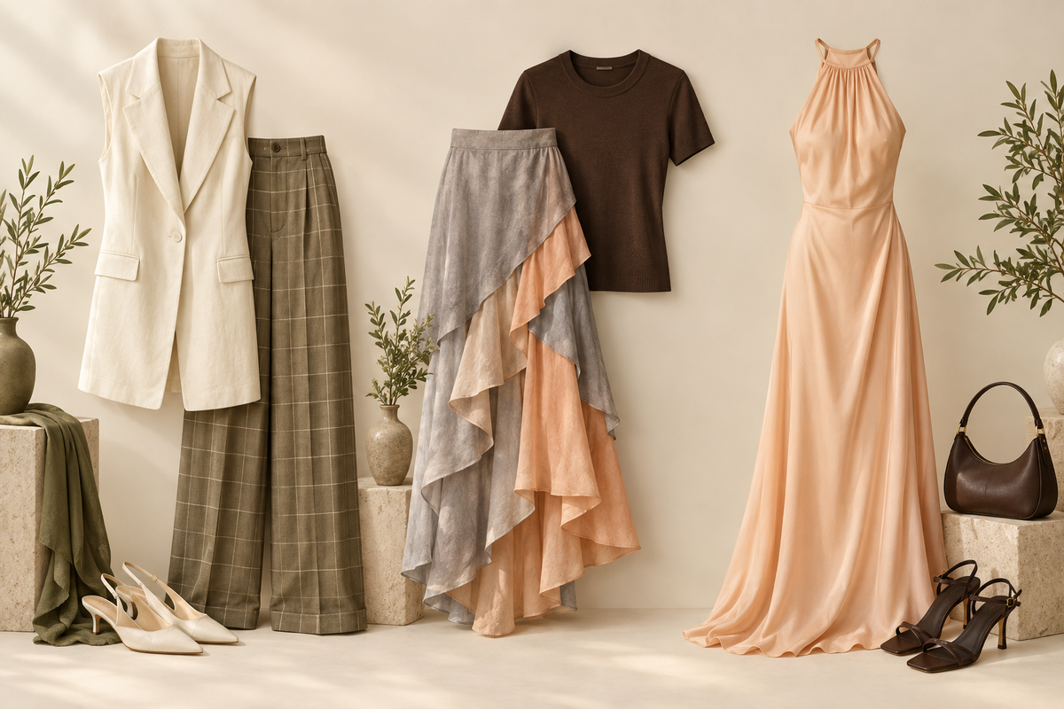 Neutral garment directions comparing pale tops, khaki checks and grey-apricot tones