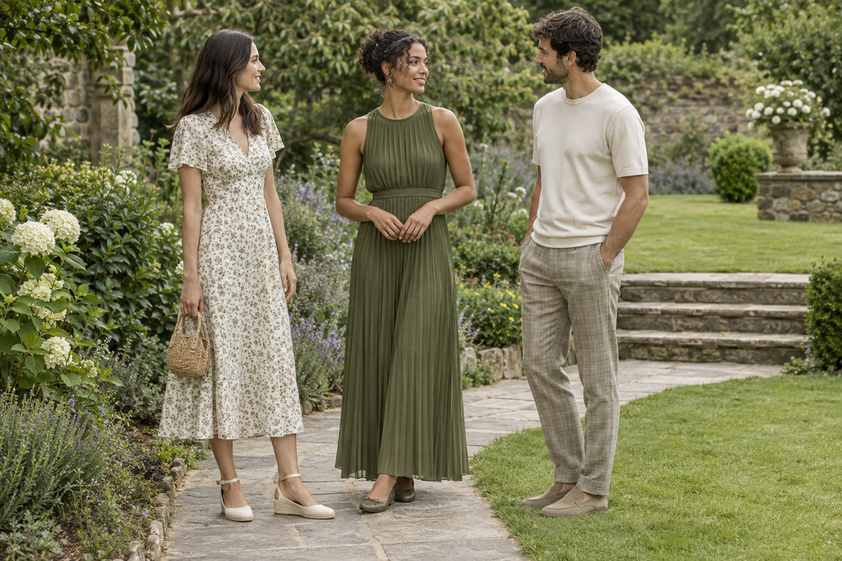 Conceptual garden gathering showing dress and trouser hems beside a path, lawn and steps.