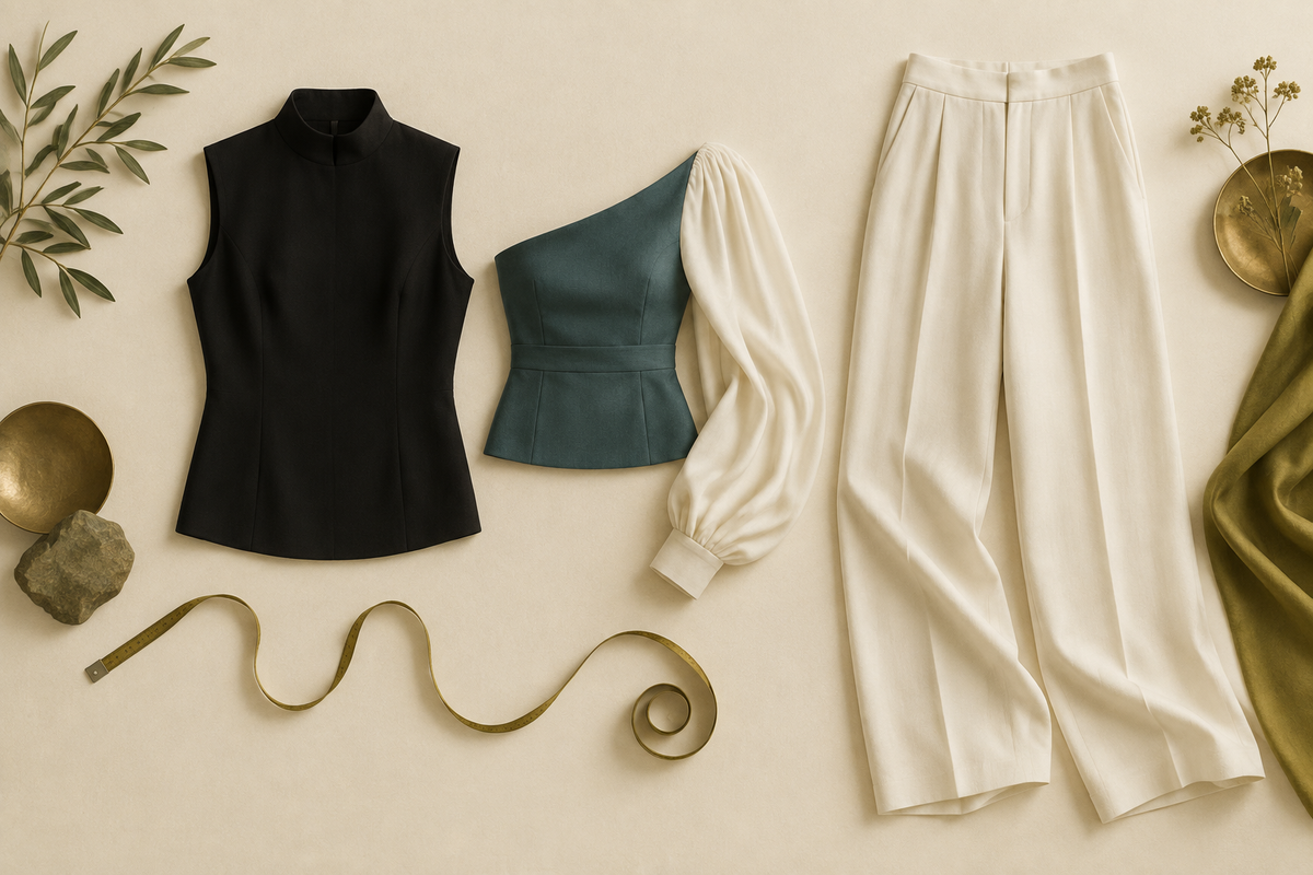 Conceptual top, sleeve-bearing waist layer and pants arranged beside a measuring tape.