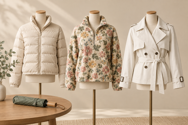Conceptual fashion layers comparing quilted, floral fleece and short trench silhouettes