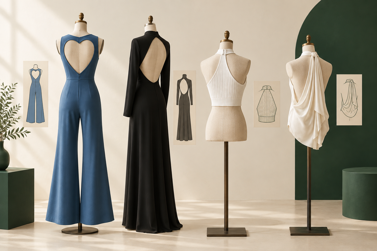 Four open-back clothing directions shown on garment forms in a fashion studio.