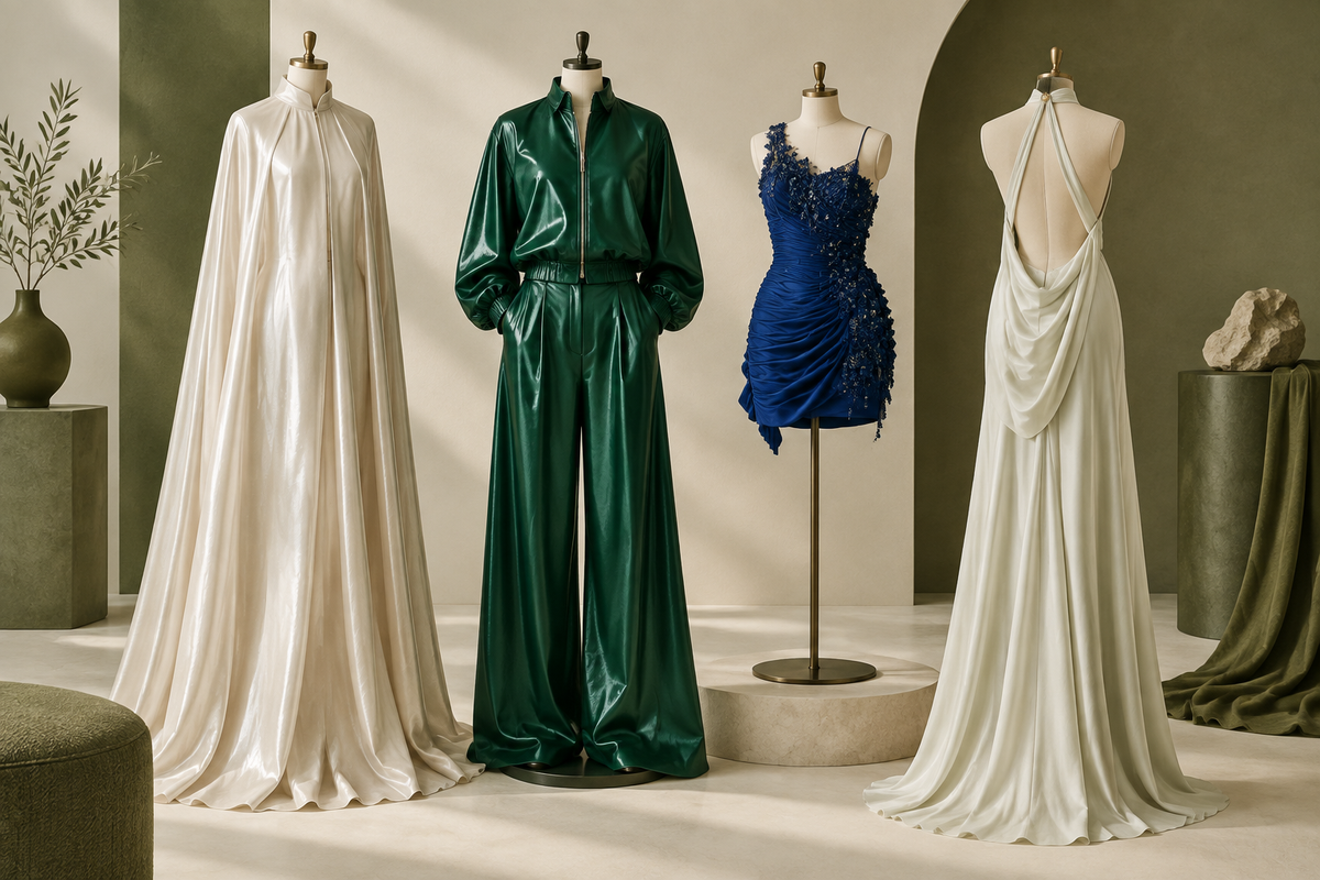 Four glossy and embellished clothing directions displayed separately in a fashion studio.