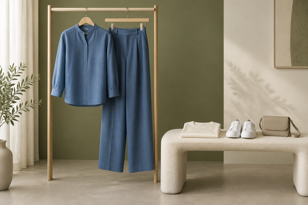 Conceptual blue trouser coordinate beside a cream tee, white sneakers and a small bag.
