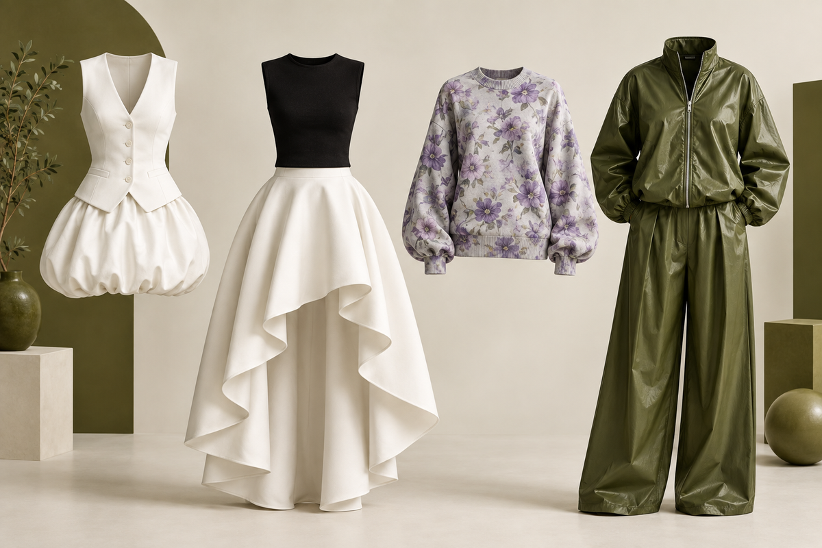 Four outfit directions comparing full sleeves, rounded skirts and broad coordinated shapes
