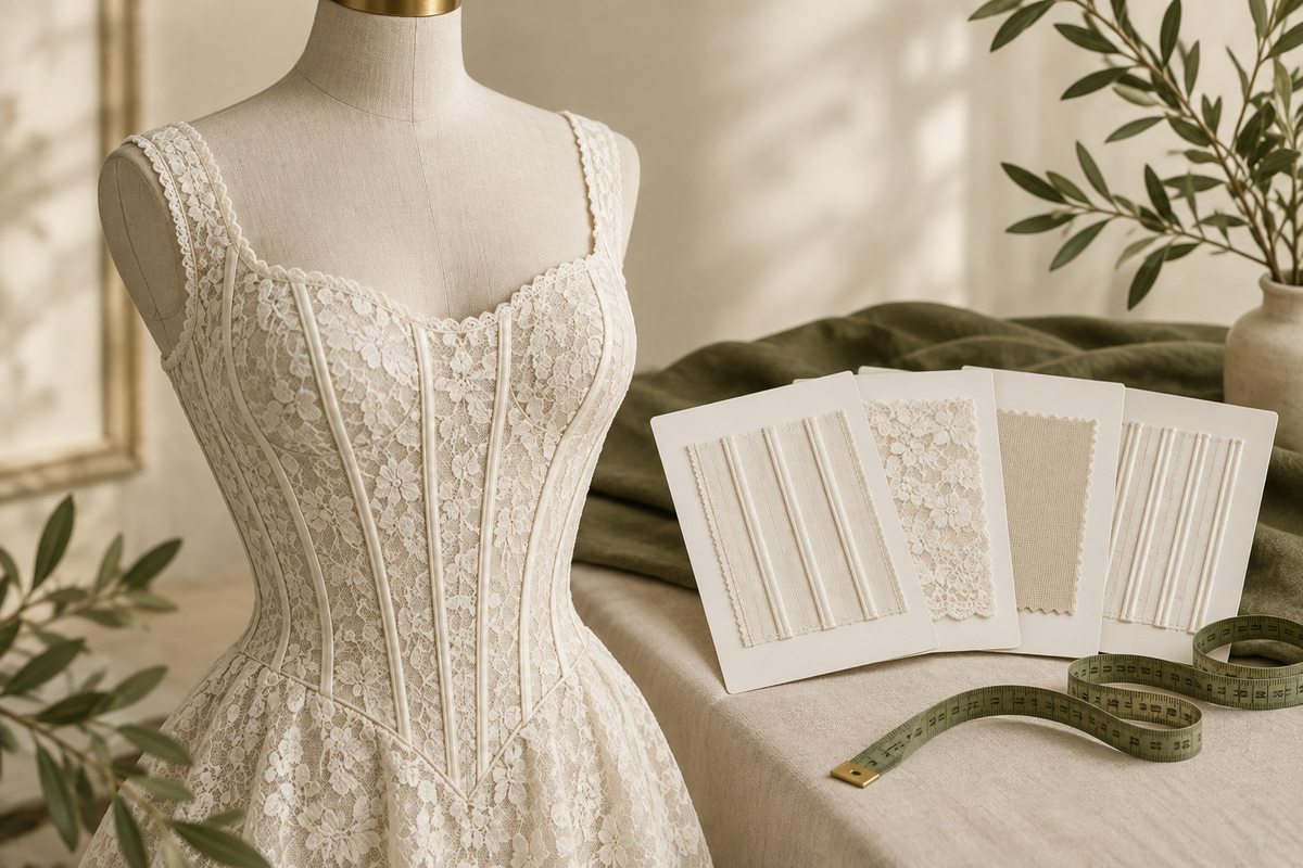Conceptual lace bodice beside construction swatches and a measuring tape.