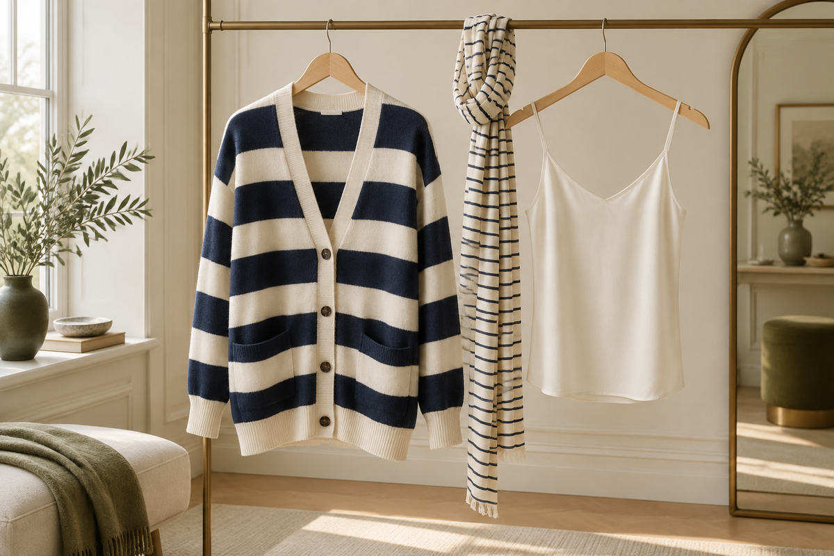 Conceptual striped cardigan beside a separate matching scarf and plain camisole.