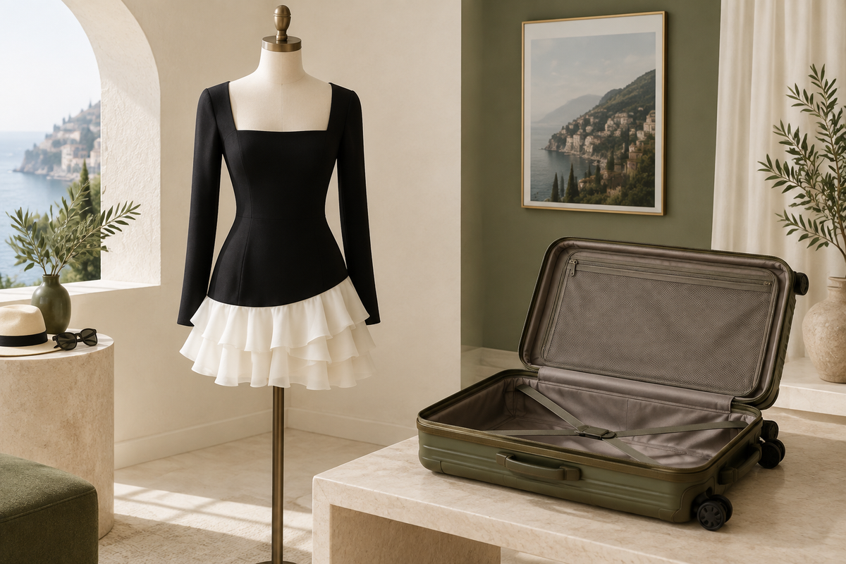 Conceptual black-and-white layered mini dress beside an open suitcase.