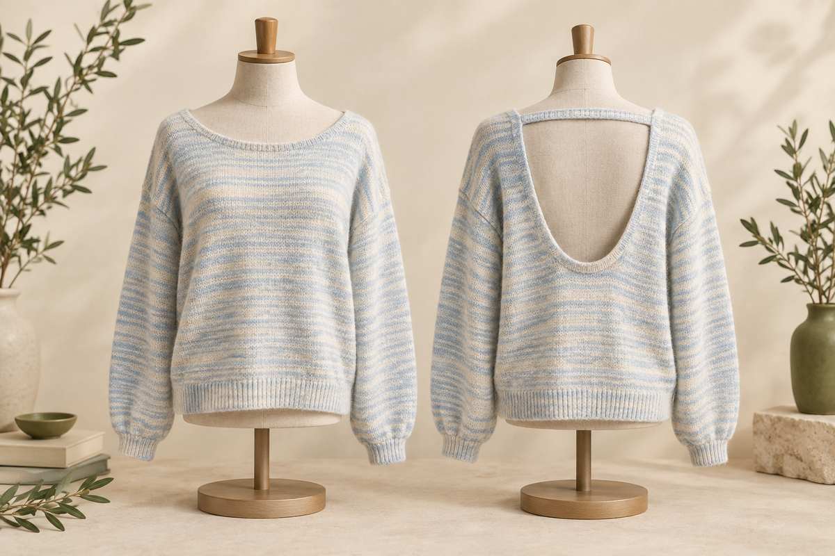 Conceptual pale knit sweaters showing different front and back openings