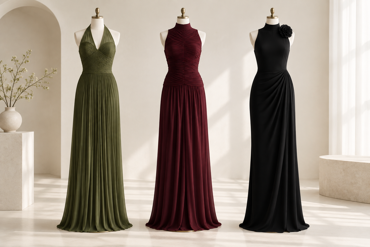 Three dresses comparing fine skirt folds, gathered bodices and diagonal draping.