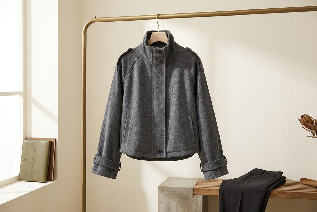 Gray Stand-Collar Jackets: Balance the Collar and Hem