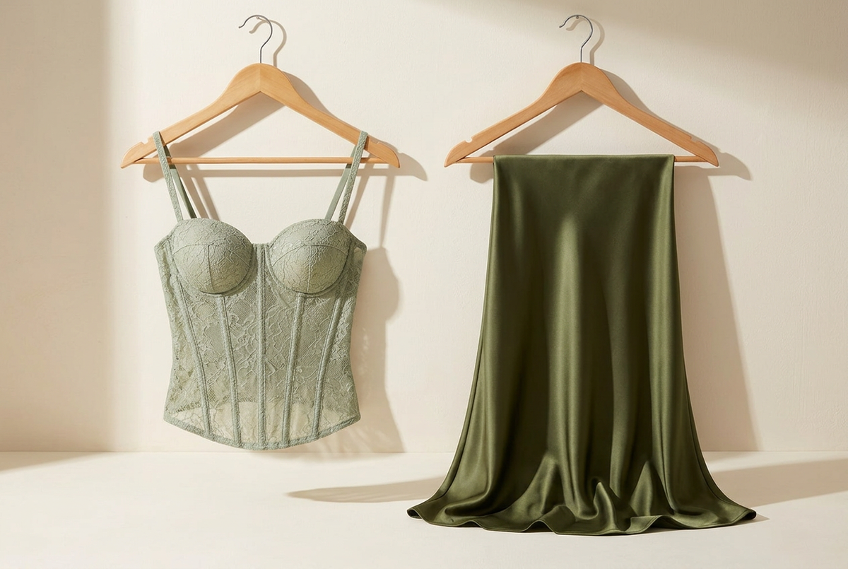 Green Lace Tops and Satin-Look Skirts for Dinner: A Tonal Pair