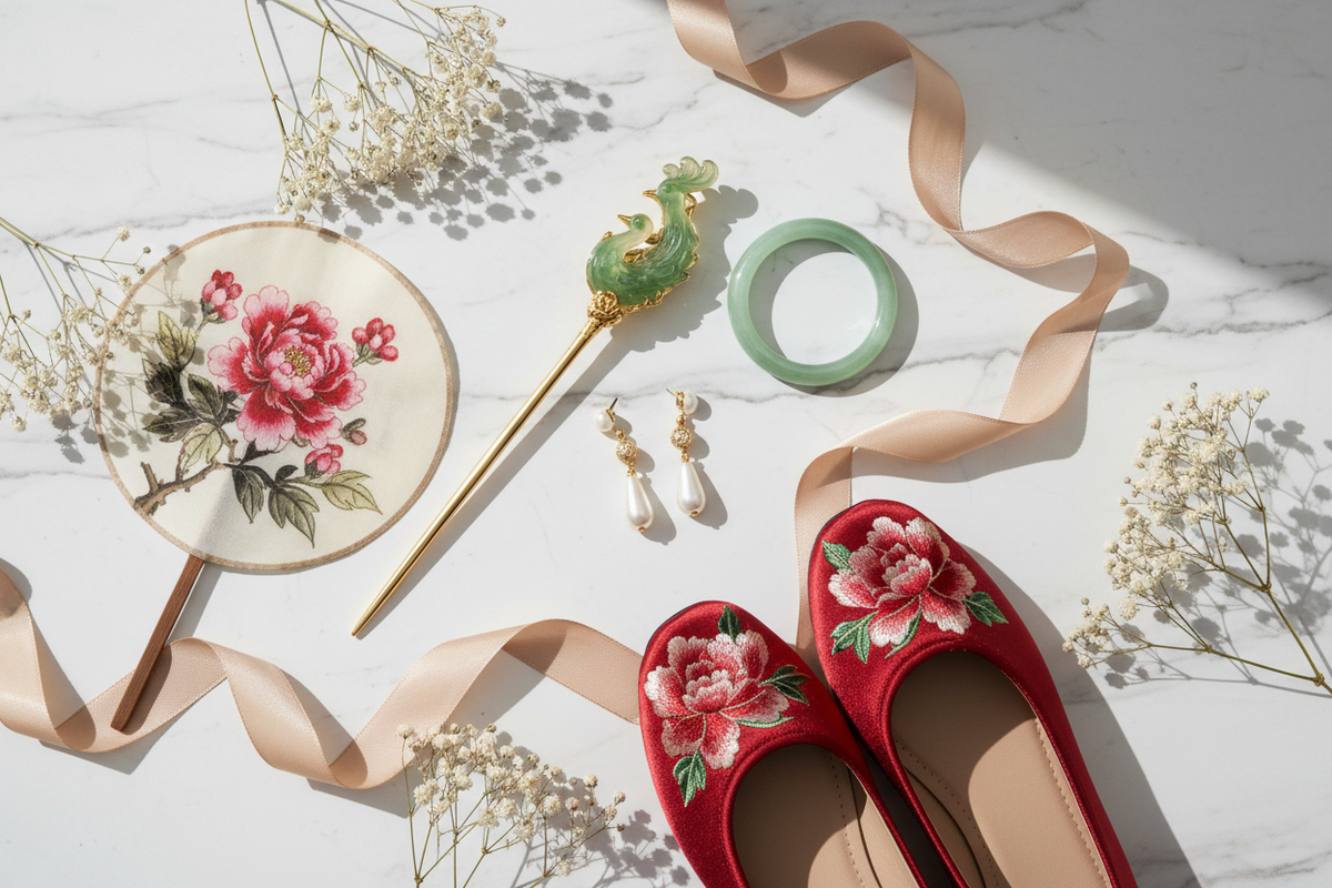 Hanfu accessories 2026 — editorial flat-lay white marble gold hair stick jade phoenix ornament green jade bangle pearl drop earrings silk fan peony painting embroidered silk flats red peony motif dried flowers, Olive Girl