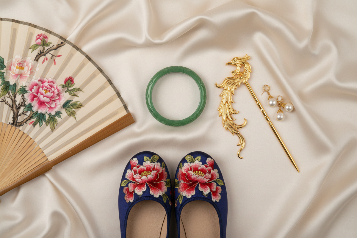 Hanfu accessories complete guide 2026 — editorial fashion flat lay jade bangle gold hair stick phoenix motif pearl drop earrings traditional folding fan floral painting embroidered flat shoes peony motifs ivory silk background artful luxurious, Olive Girl
