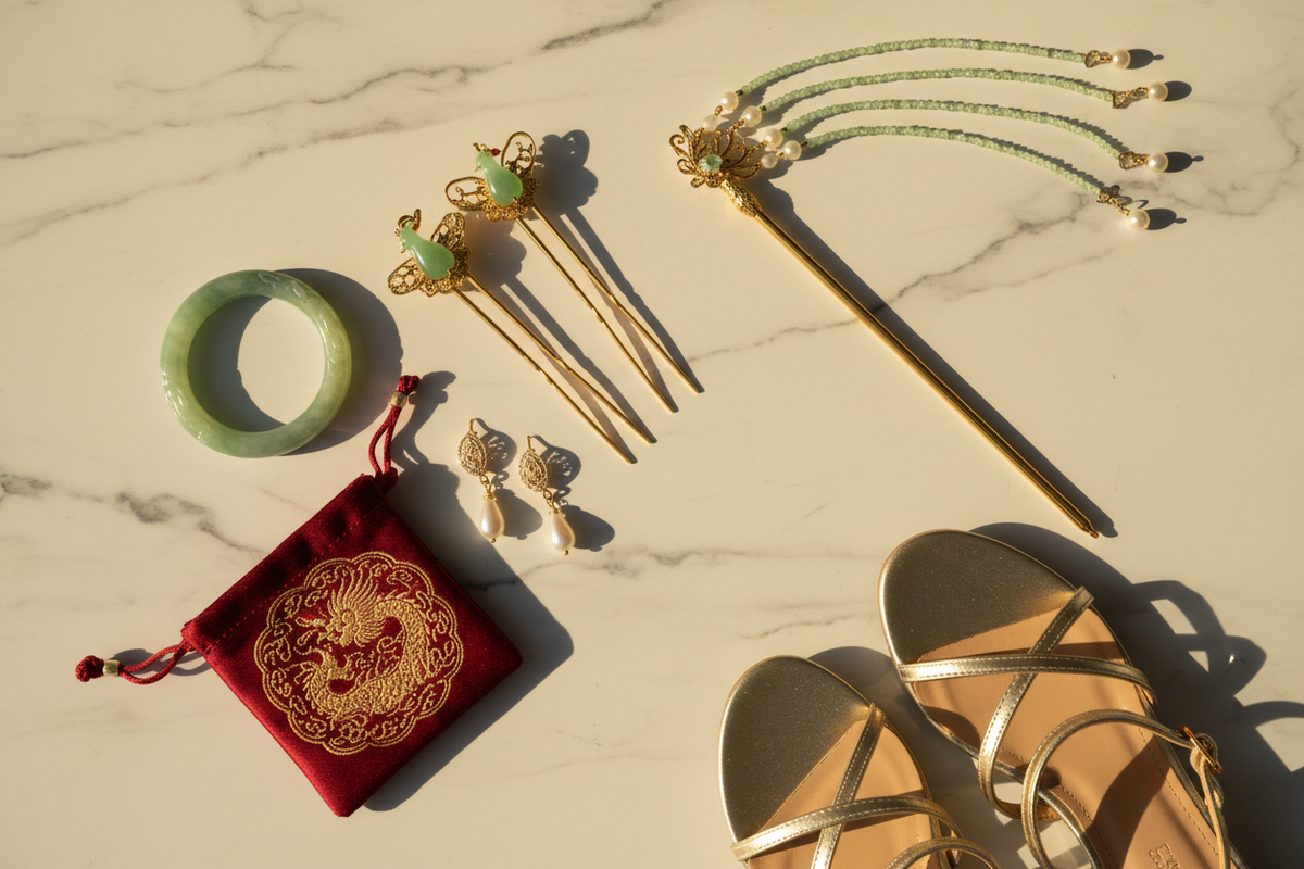 Hanfu accessories guide 2026 — carved jade bangle gold hair pins jade ornaments pearl drop earrings hair stick buyao dangling jade beads embroidered silk pouch strappy gold sandals white marble complete Hanfu look, Olive Girl