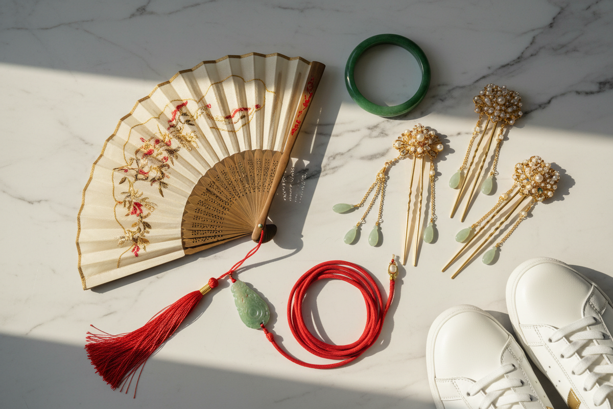 Hanfu accessories guide 2026 — Chinese folding fan silk gold red jade bangle buyao hair pins jade pendant red silk cord white sneakers flat-lay white marble, Olive Girl