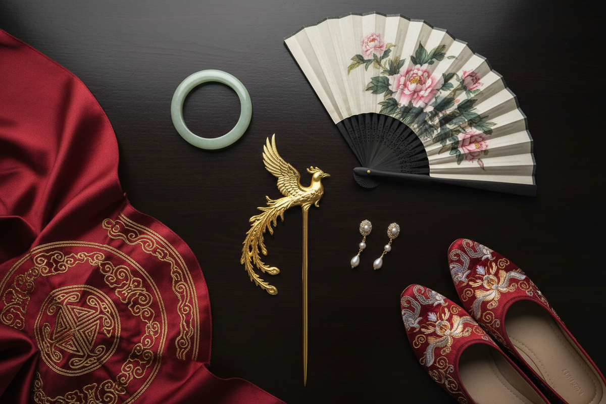Hanfu accessories guide 2026 — gold phoenix hair stick jade bangle silk peony fan embroidered shoes pearl earrings dark lacquer editorial — Olive Girl