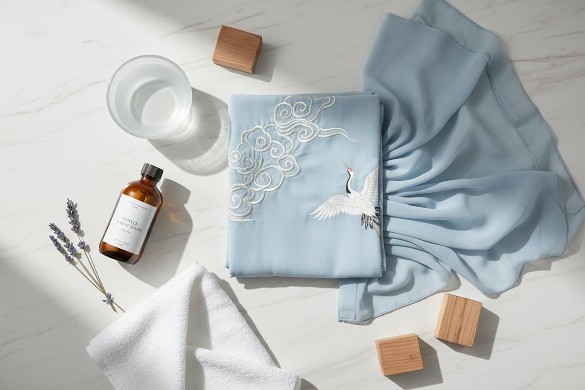 Hanfu care washing guide 2026 — embroidered chiffon Hanfu pale blue cold water gentle detergent white towel cedar blocks dried lavender white marble care with intention quality worth caring for, Olive Girl