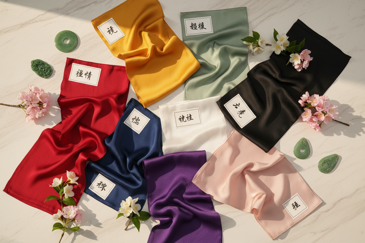 Hanfu color guide 2026 — eight silk fabric swatches deep red gold sage green navy blue white black deep purple blush pink white marble jade ornaments flowers editorial flat-lay, Olive Girl