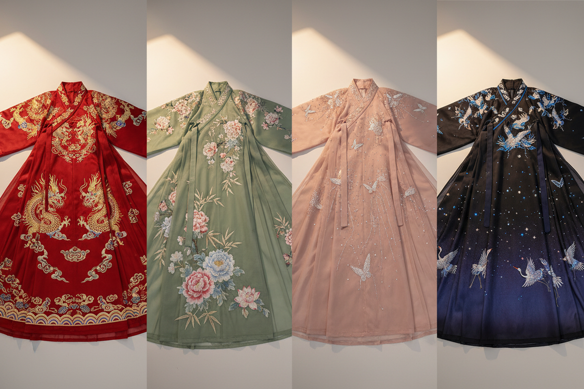 Hanfu color guide 2026 — red green pink black Hanfu color spectrum with cultural meanings, editorial fashion showcase, Olive Girl complete color meaning guide