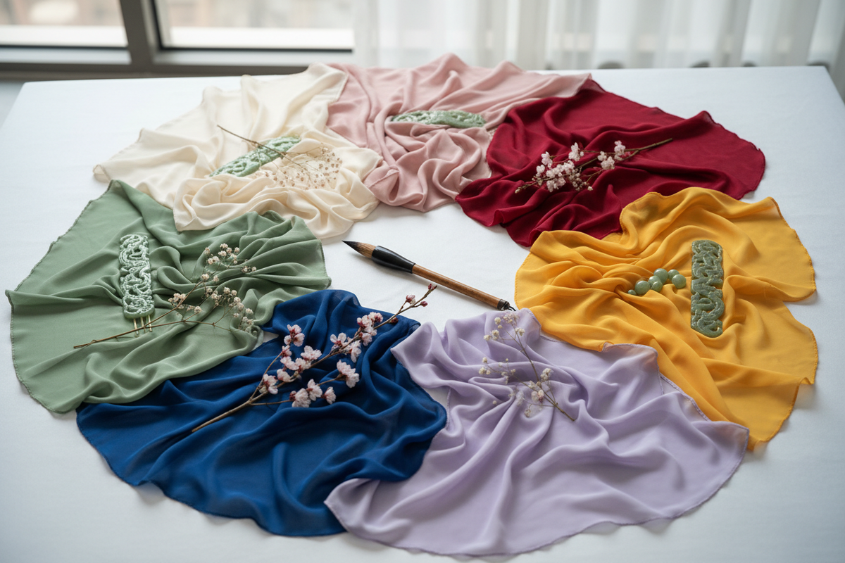 Hanfu colors 2026 — sage green, dusty rose, ivory, crimson, deep blue, lavender, warm gold silk swatches — Olive Girl