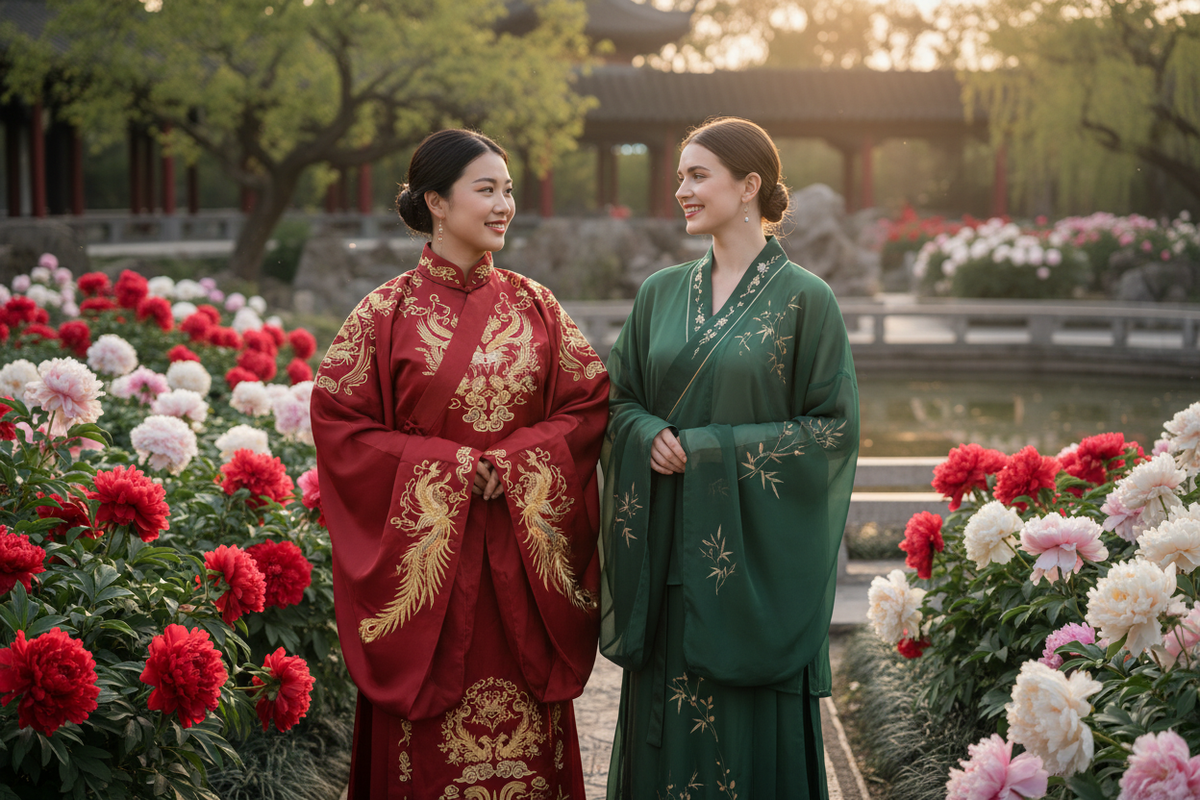 Hanfu cultural appropriation appreciation guide 2026 — East Asian woman deep red Tang Hanfu wide sleeves Western woman forest green chiffon Hanfu gold embroidery Chinese garden peonies golden hour joy mutual respect cultural appreciation, Olive Girl