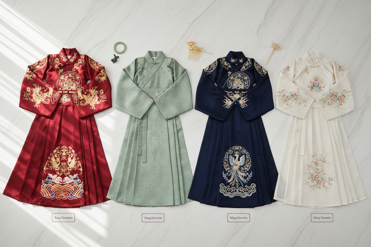 Hanfu dynasty guide 2026 — editorial flat-lay four dynasty styles Tang crimson wide sleeve Song sage minimalist Ming navy phoenix embroidery Qing ivory floral marble surface jade bangle gold hair accessories, Olive Girl