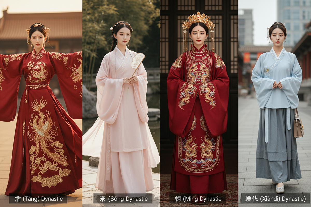 Hanfu dynasty guide 2026 — four-panel comparison Tang Dynasty wide sleeve, Song Dynasty Ma Mian Skirt, Ming Dynasty formal, modern everyday Hanfu, Olive Girl
