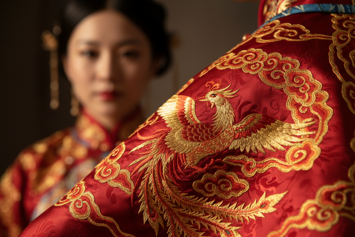 Hanfu embroidery meaning 2026 — close-up of authentic Chinese phoenix motif in gold silk thread on crimson Hanfu fabric, 3000 years of artisan craftsmanship, Olive Girl editorial