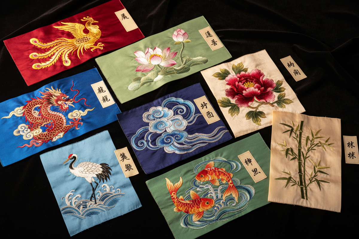 Hanfu embroidery motifs meaning guide 2026 — eight silk embroidery swatches phoenix dragon lotus peony crane cloud koi bamboo flat-lay on dark velvet, Olive Girl