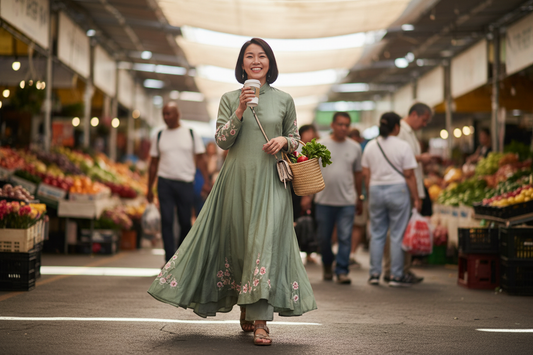 Hanfu everyday wear — elegant East Asian woman in authentic hanfu dress at a modern cafe, showing hanfu is fashion for real life not just photoshoots
