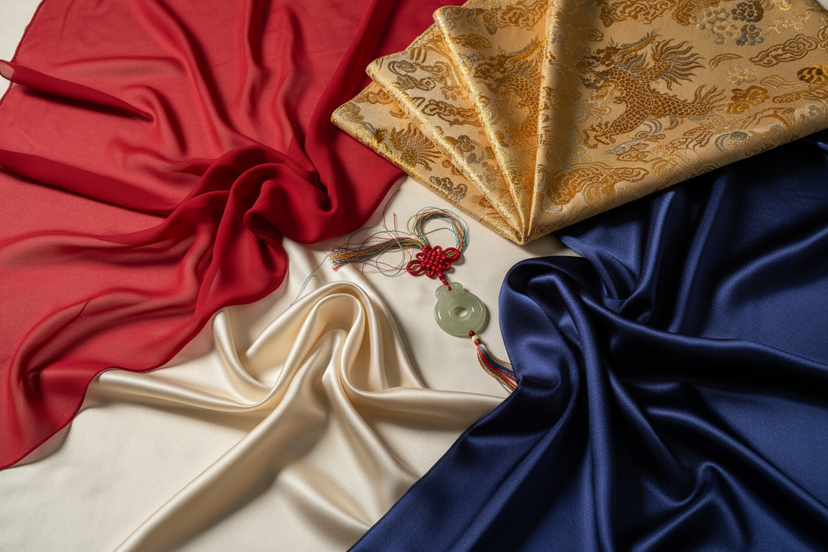 Hanfu fabric guide 2026 — four fabric swatches chiffon jacquard silk satin arranged in editorial flat-lay, texture and quality comparison, Olive Girl Chinese heritage fashion
