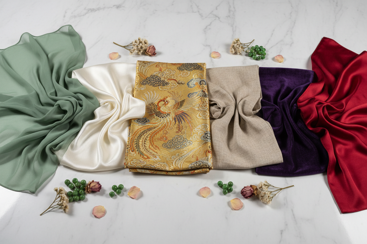 Hanfu fabric guide 2026 — chiffon, silk, jacquard, linen, velvet, satin swatches on white marble — Olive Girl