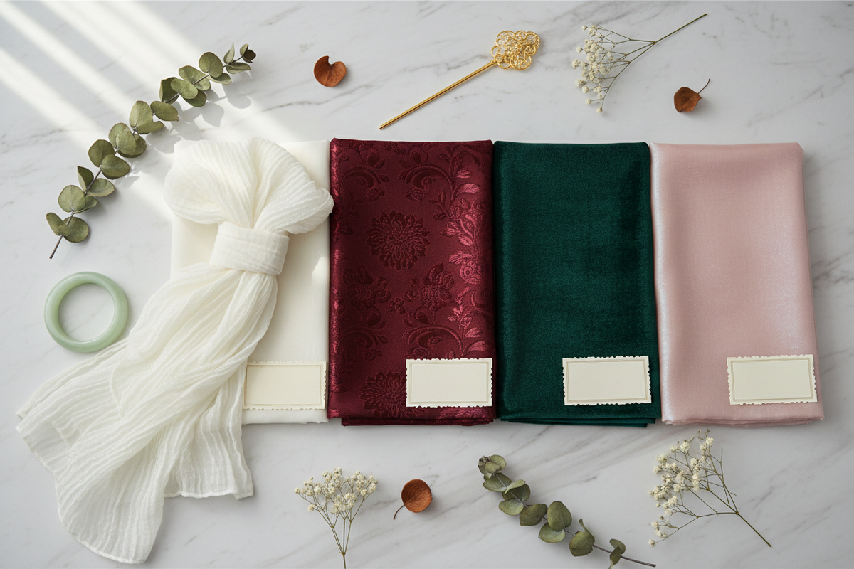 Hanfu fabric guide 2026 — editorial flat-lay four fabric swatches chiffon jacquard velvet organza marble surface jade bangle gold hair stick dried botanicals soft natural window light, Olive Girl