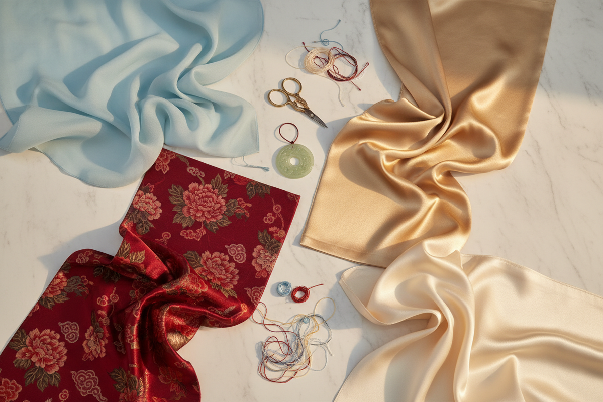 Hanfu fabric guide 2026 — four fabric swatches chiffon pale blue jacquard deep red satin gold silk cream white marble jade ornament embroidery scissors authentic Hanfu fabric texture drape, Olive Girl