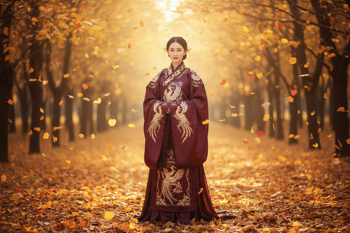 Hanfu for autumn winter 2026 — East Asian woman in rich burgundy heavy embroidered Hanfu wide sleeves standing in autumn forest golden red leaves falling warm light, Olive Girl