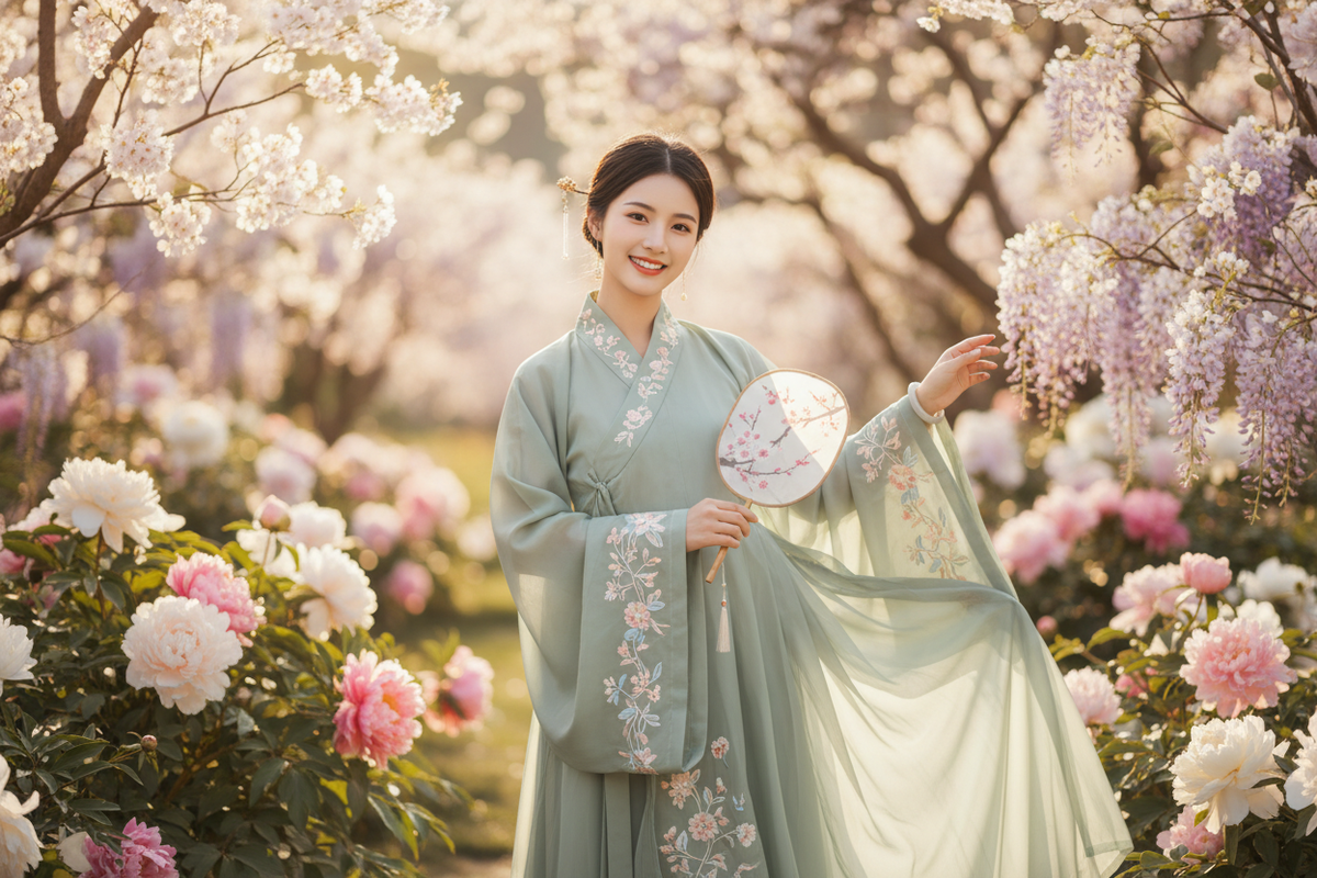 Hanfu for beginners 2026 — editorial fashion young East Asian woman sage green Chinese Hanfu dress delicate floral embroidery sunlit garden blooming flowers natural smile traditional folding fan gold hair stick jade bangle warm inviting, Olive Girl