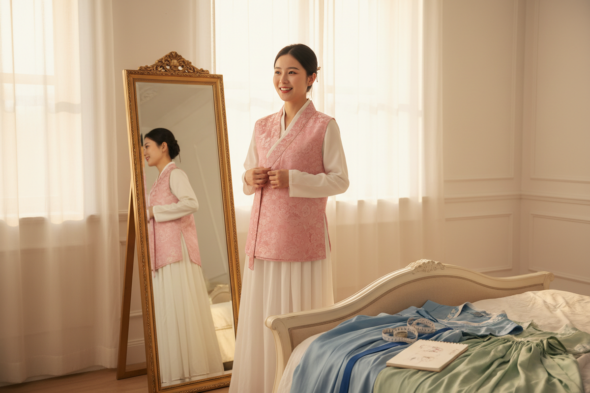 Hanfu for beginners starter guide 2026 — young East Asian woman trying on first Hanfu pink jacquard vest white dress full-length mirror wonder delight growing confidence measuring tape notebook warm natural light encouraging, Olive Girl