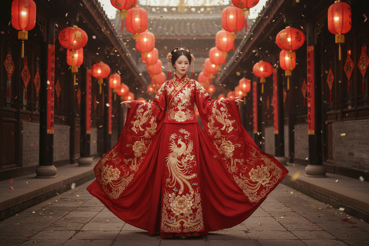 Hanfu for Chinese New Year 2027 — crimson Hanfu gold phoenix embroidery red lanterns traditional courtyard auspicious — Olive Girl