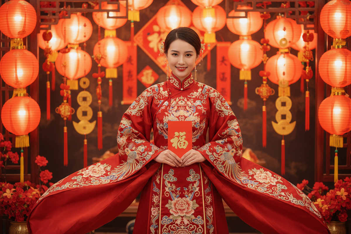 Hanfu for Chinese New Year 2027 — radiant East Asian woman deep red heavily embroidered Hanfu wide flowing sleeves red lanterns gold decorations holding red envelope hongbao festive Year of Goat, Olive Girl