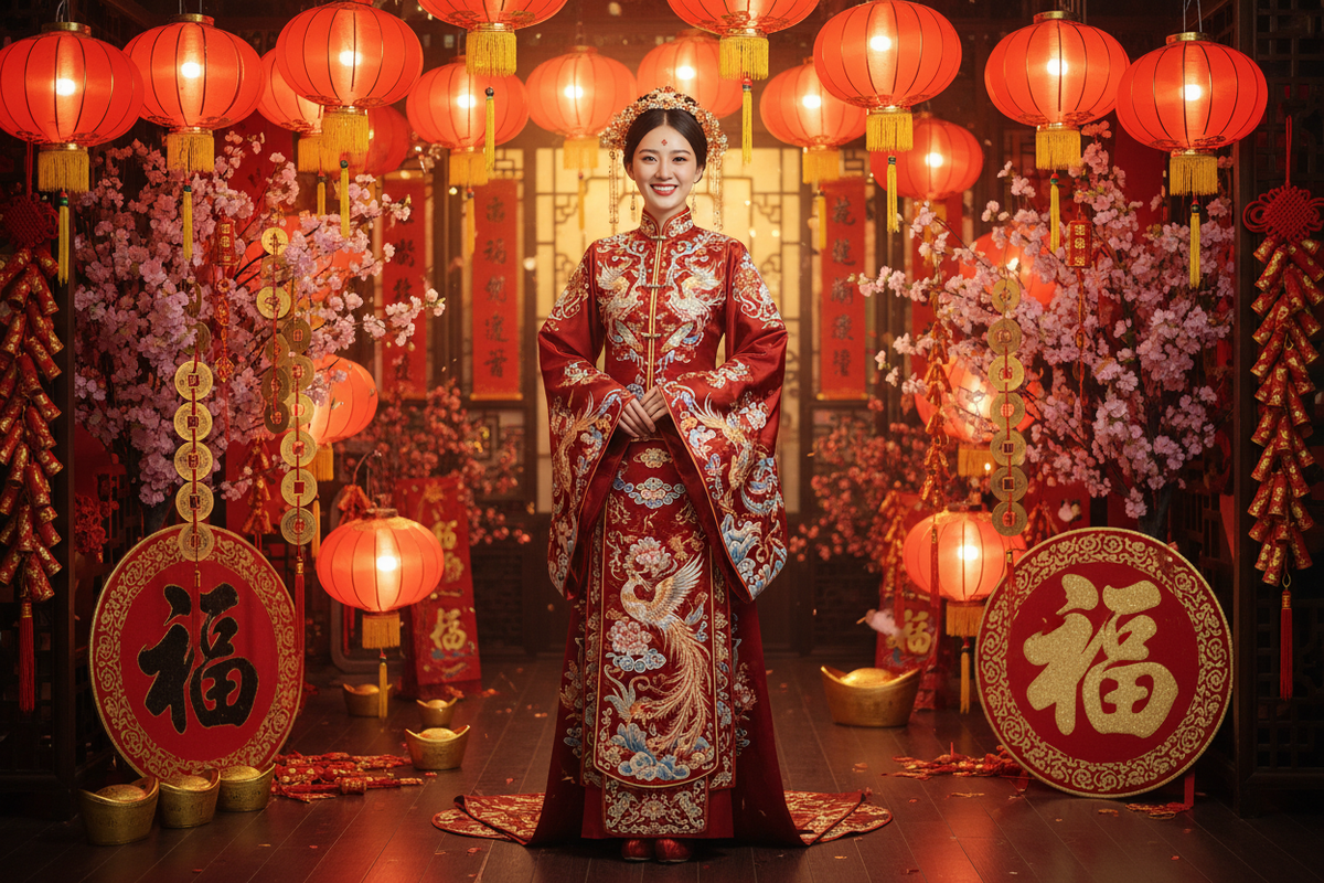 Hanfu for Chinese New Year 2027 — radiant East Asian woman in red embroidered Hanfu with gold phoenix embroidery surrounded by red lanterns CNY celebration, Olive Girl