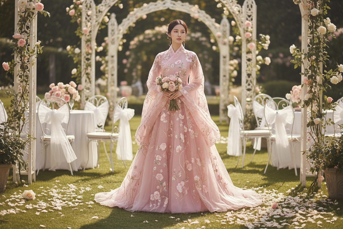 Hanfu for garden party 2026 — editorial fashion East Asian woman pink embroidered flowing sleeve Hanfu dress English garden party rose arches soft afternoon light jade bangle floral hair pin embroidered flats, Olive Girl