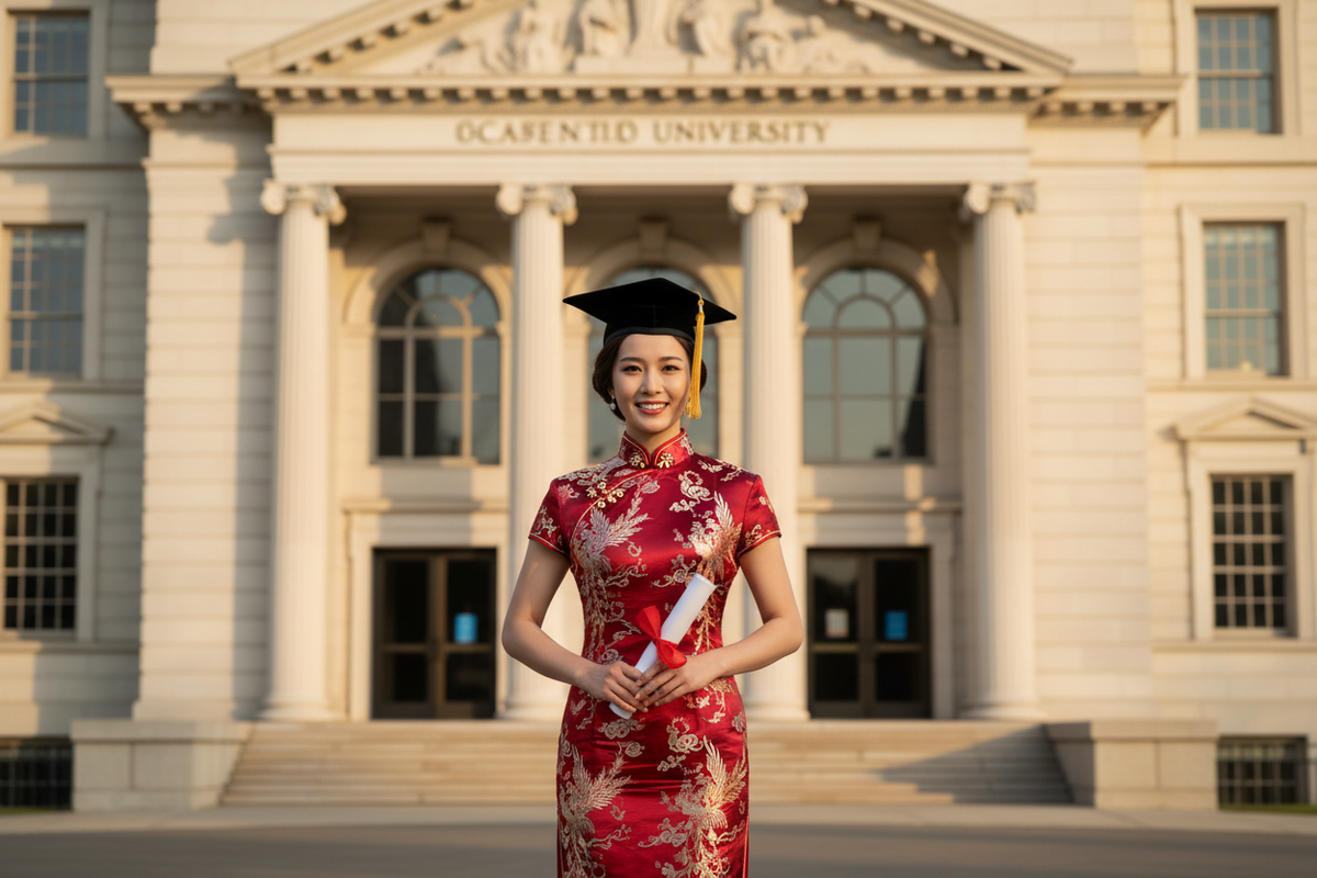 Hanfu for graduation 2026 — radiant East Asian woman in deep red embroidered Qipao wearing graduation cap holding diploma in front of university building, cultural pride, Olive Girl