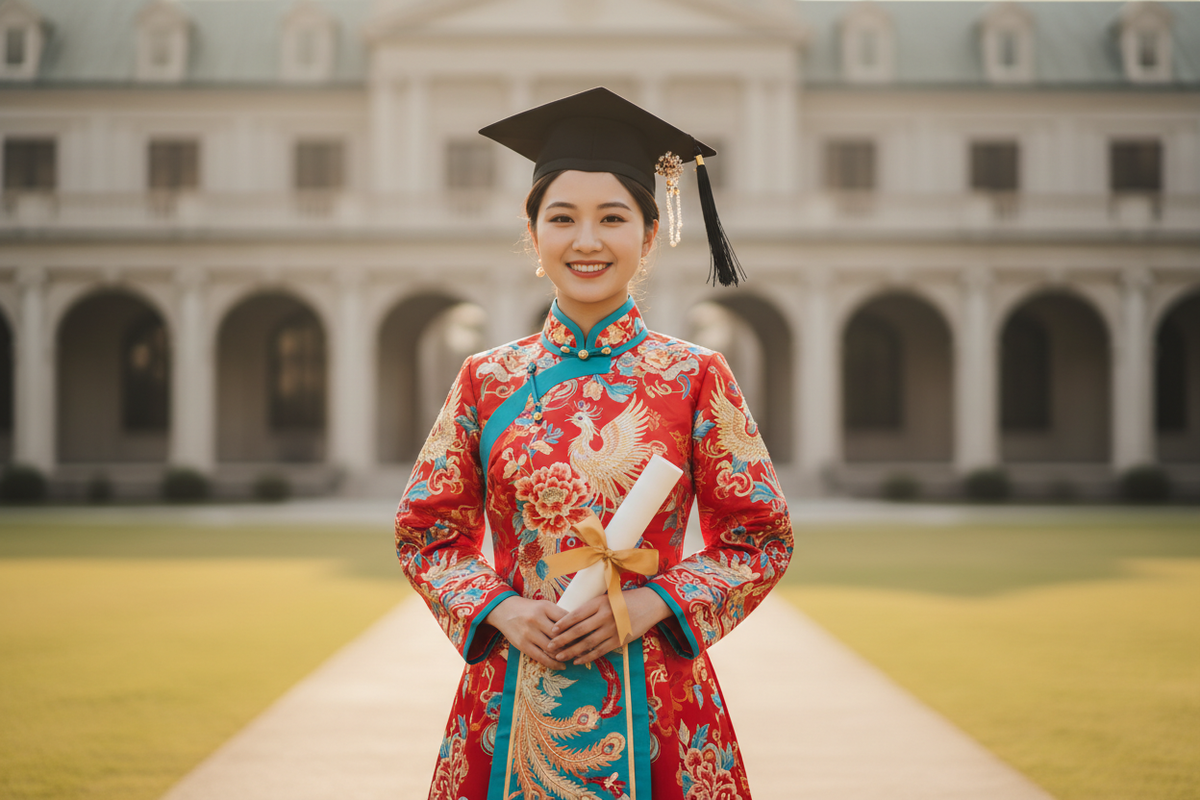 Hanfu for graduation 2027 — radiant East Asian woman embroidered Hanfu dress black graduation cap diploma gold ribbon university campus proud joyful culturally confident heritage and education, Olive Girl