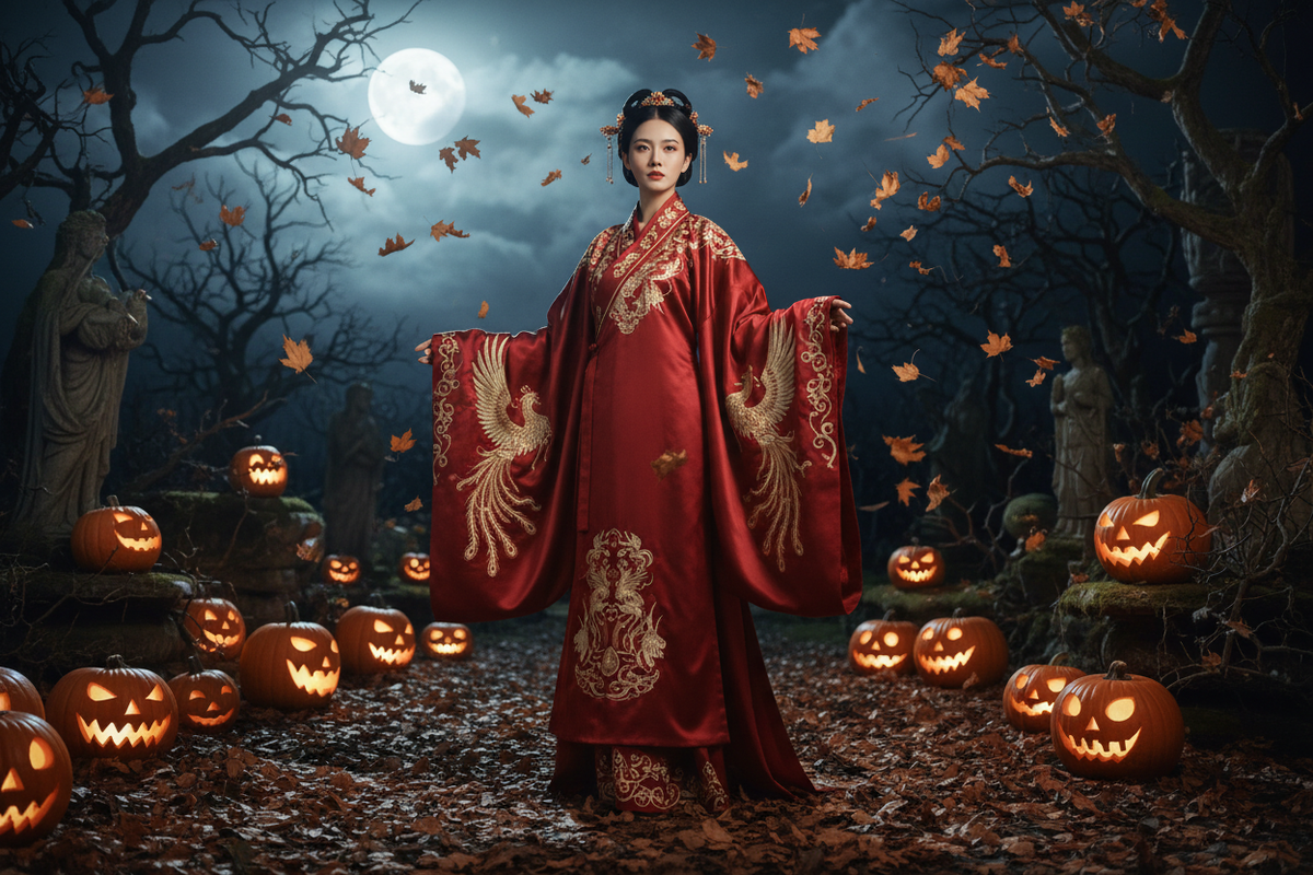 Hanfu for Halloween 2026 — crimson Tang dynasty wide-sleeve Hanfu moonlit garden pumpkins authentic Chinese heritage fashion cinematic — Olive Girl