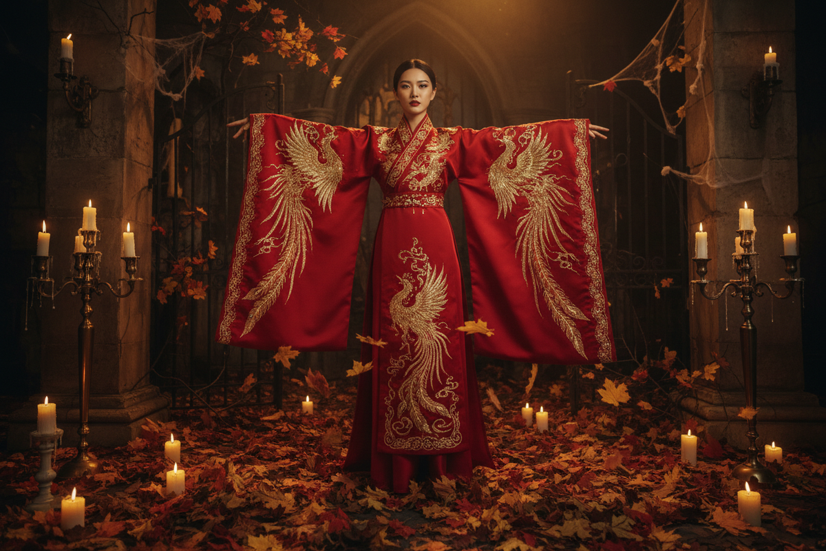Hanfu for Halloween 2026 — dramatic red wide-sleeve Hanfu with gold phoenix embroidery in candlelit Halloween setting, not a costume but a cultural statement, Olive Girl