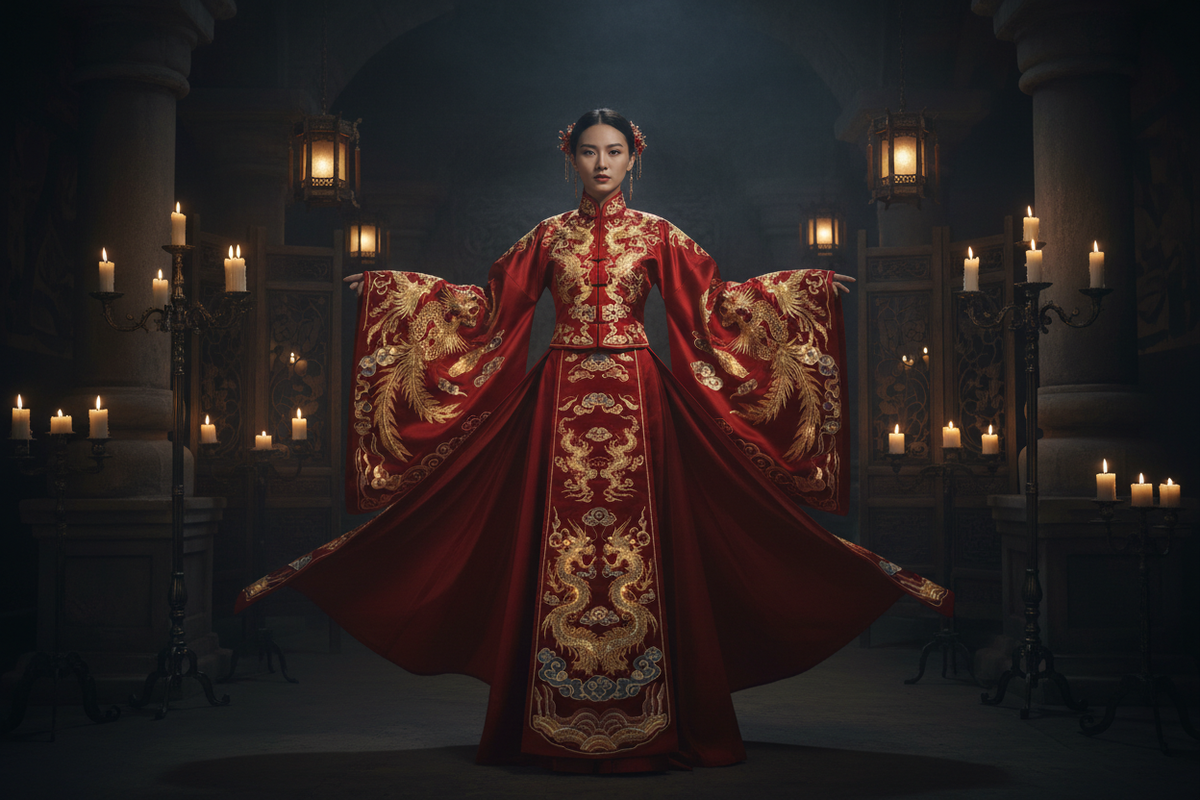 Hanfu for Halloween 2026 — East Asian woman in dramatic red embroidered Hanfu dress with wide sleeves, moody candlelight, Chinese Empress Halloween look at Olive Girl