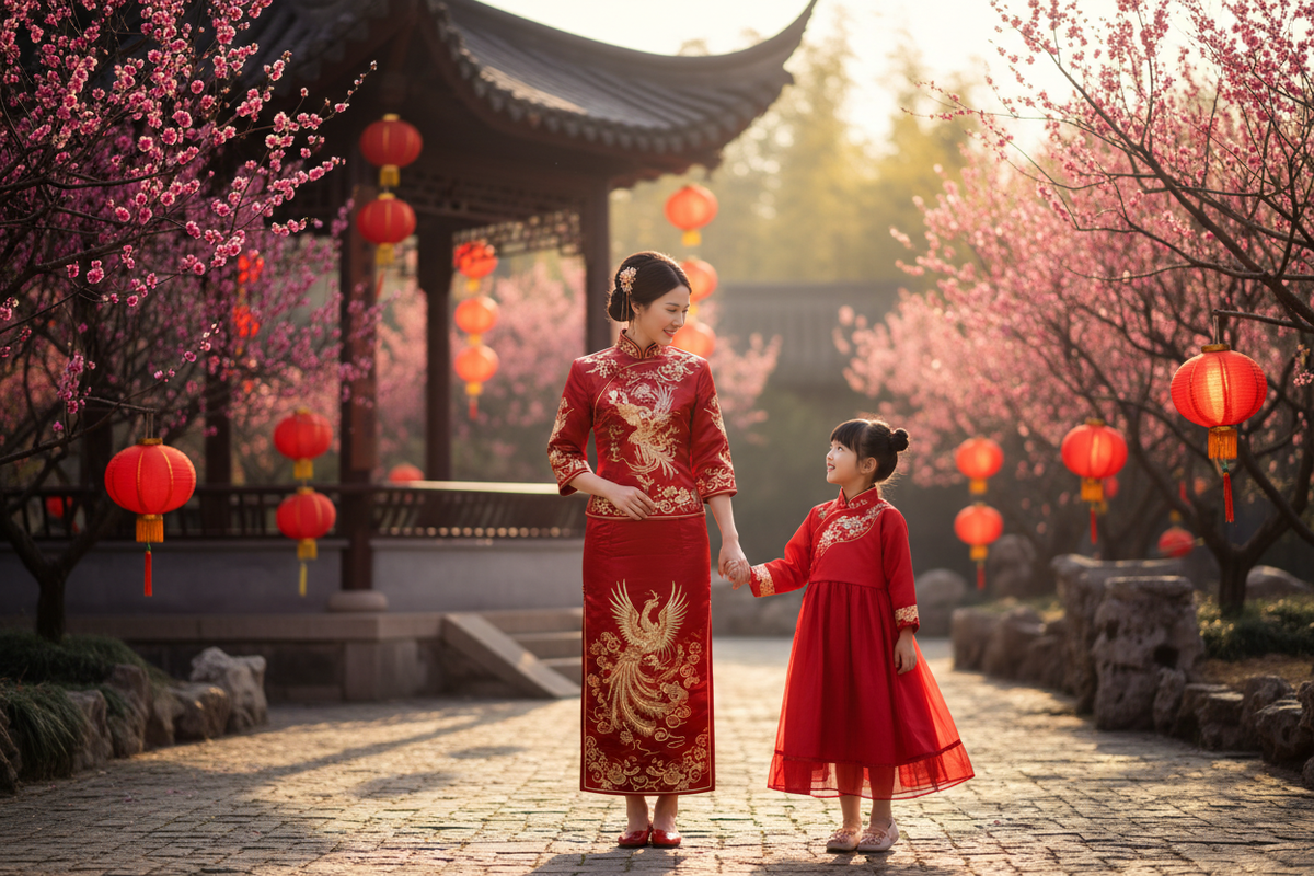 Hanfu for kids 2026 — East Asian mother daughter matching red Hanfu Chinese New Year deep red embroidered Qipao gold phoenix daughter bright red Hanfu classical garden red lanterns plum blossoms joyful love, Olive Girl