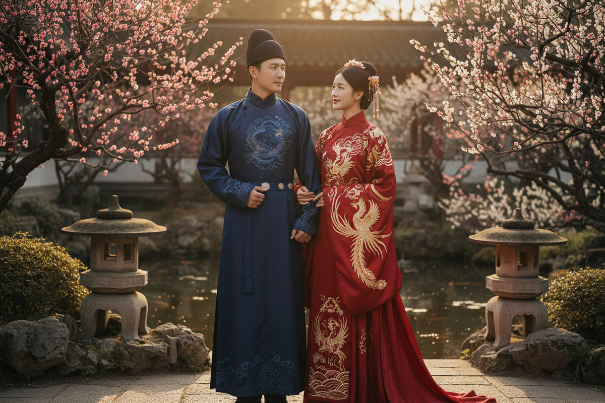 Hanfu for men 2026 — Chinese couple complementary Hanfu man navy blue Zhiduo robe woman deep red Tang Dynasty wide-sleeve gold phoenix embroidery classical Chinese garden proud culturally confident, Olive Girl