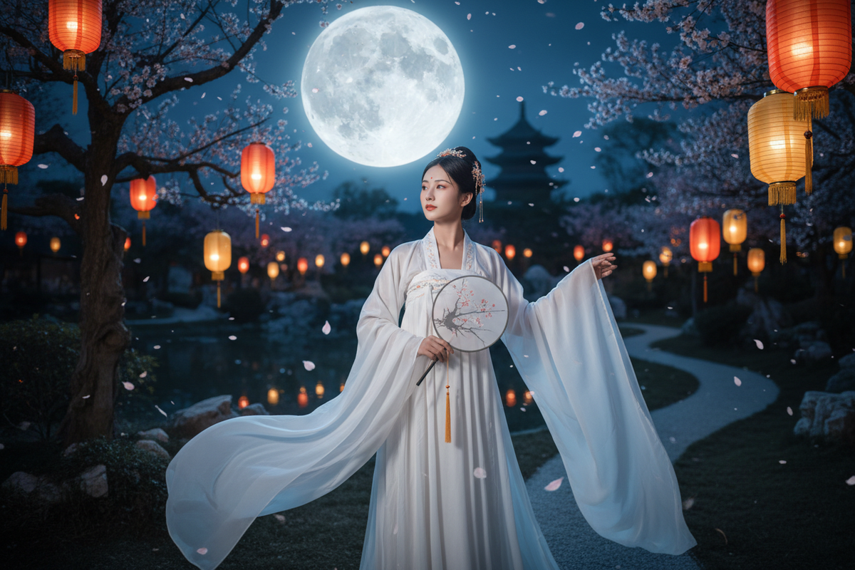 Hanfu for Mid-Autumn Festival 2026 — ethereal East Asian woman white wide-sleeve Hanfu full moon paper lanterns Chinese folding fan Chang'e Moon Goddess moonlight poetic romantic, Olive Girl