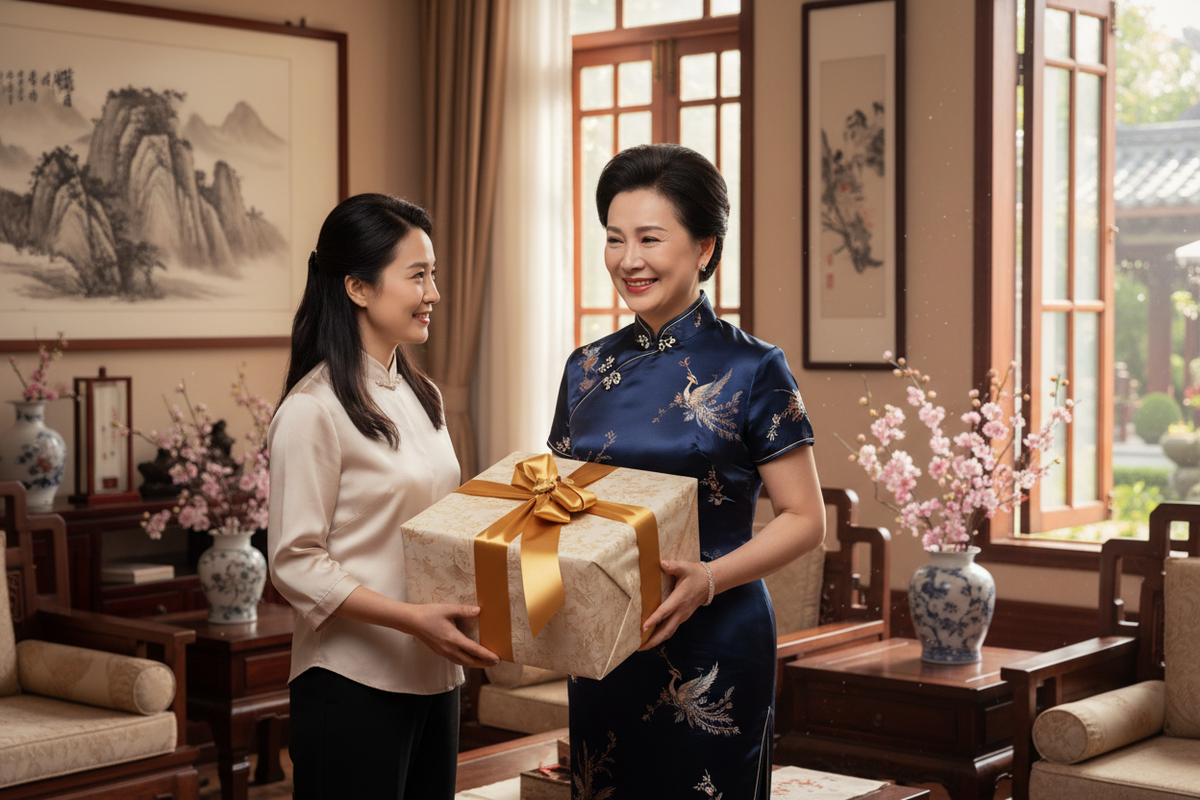 Hanfu for Mother's Day 2027 — elegant East Asian woman 50s navy Qipao receiving gift box gold ribbon from adult daughter sunlit living room Chinese decor moved beautiful, Olive Girl